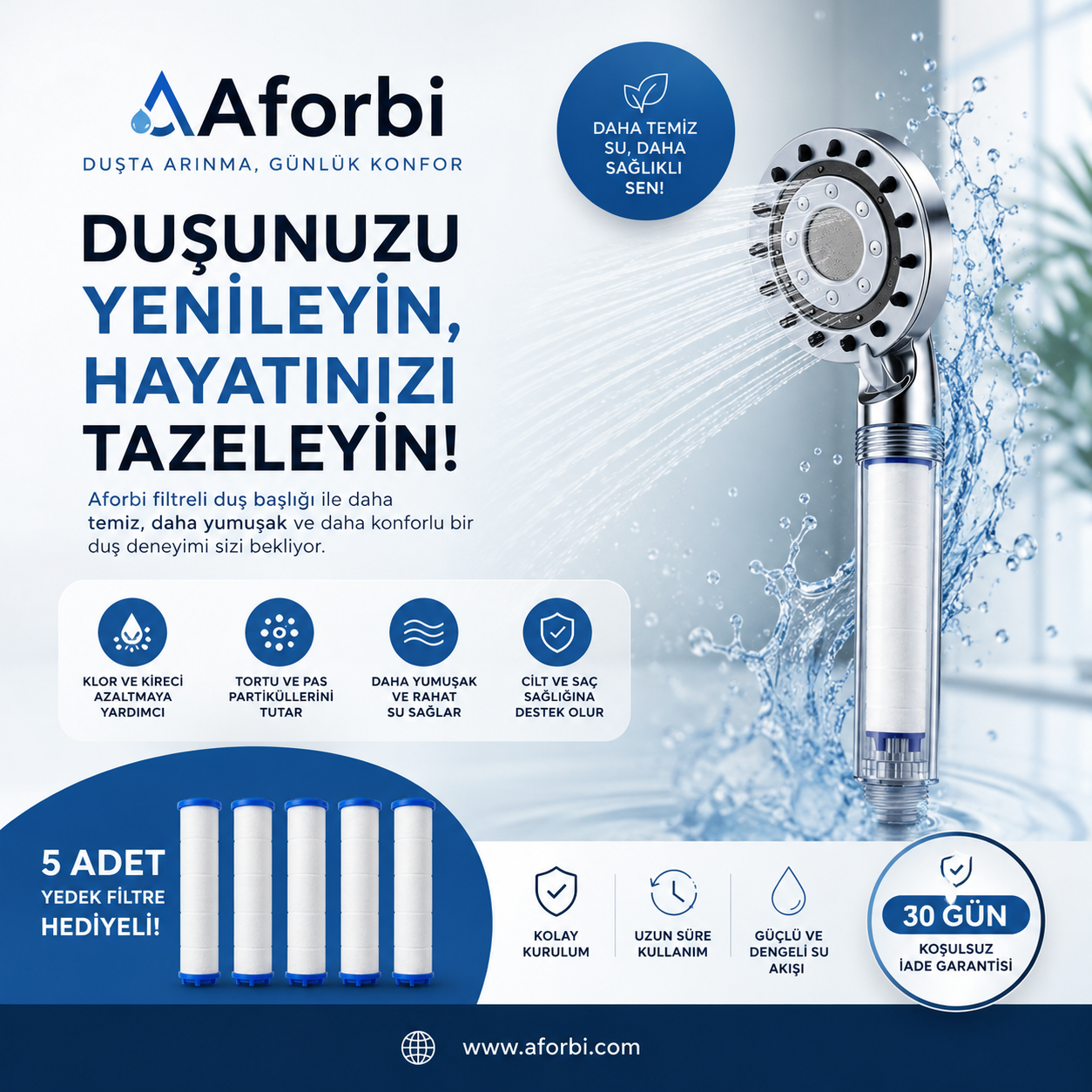 Şeffaf Filtreli Duş Başlığı – Kireç ve Klor Azaltıcı Arıtmalı
