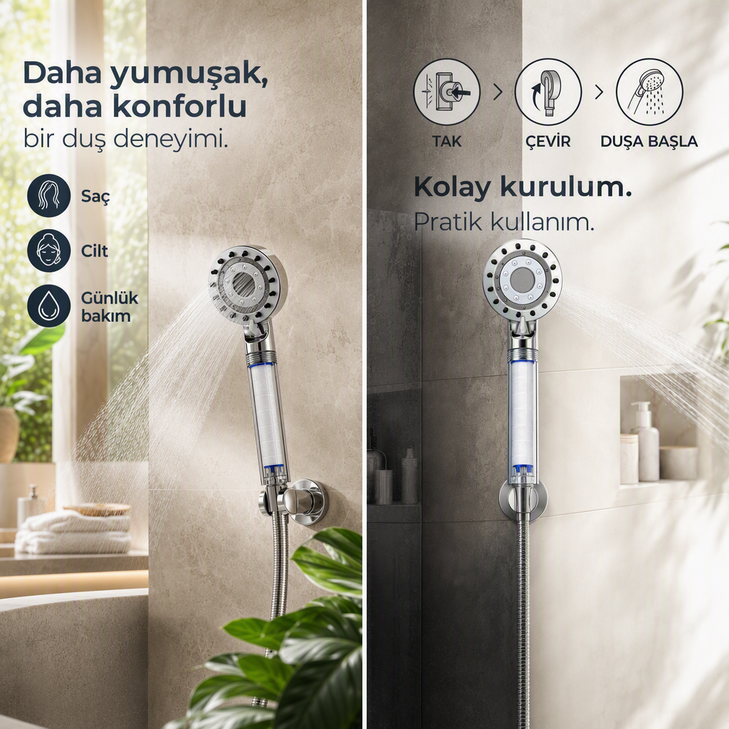 Şeffaf Filtreli Duş Başlığı – Kireç ve Klor Azaltıcı Arıtmalı