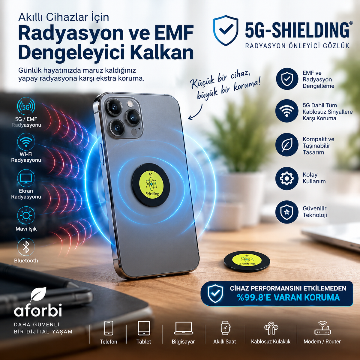 Telefon ve Akıllı Cihazlar İçin Frekans ve Radyasyon Koruyucu EMF Dengeleyici Kalkan